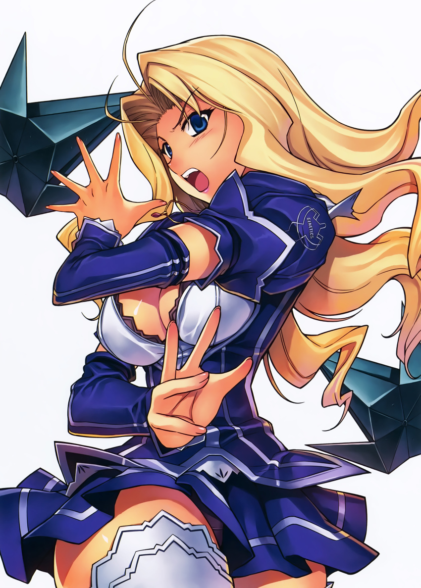 1girl, absurdres, antenna_hair, blonde_hair, blue_eyes, blush, boots, breasts