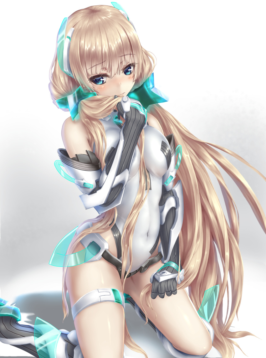 1girl, angela_balzac, aqua_eyes, bare_shoulders, blonde_hair, blush, bodysuit, breasts, covered_navel, elbow_gloves, gloves, headgear, highres, kamomen, kneeling, leotard, long_hair, low_twintails, rakuen_tsuihou, solo, thigh_strap, twintails, very_long_hair