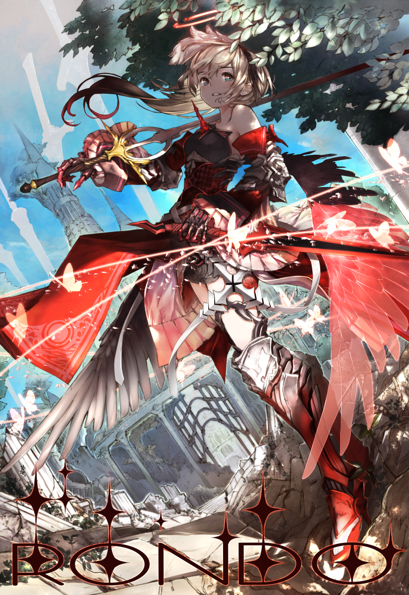 1girl, aqua_eyes, armor, armored_dress, bare_shoulders, blonde_hair, boots, dress