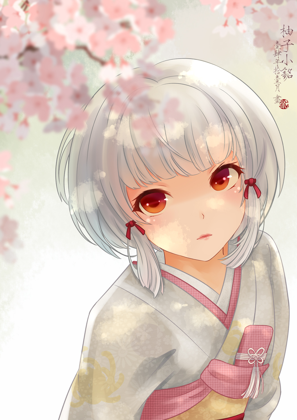 1girl, albino, bangs, blunt_bangs, branch, cherry_blossoms, fatal_frame, fatal_frame_5