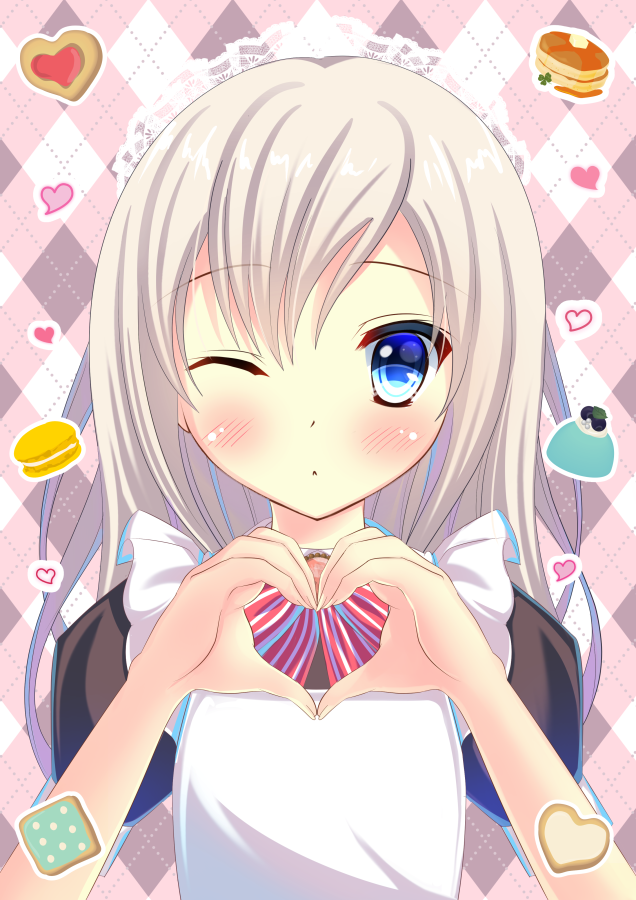 1girl, alternate_costume, blonde_hair, blue_eyes, blush, enmaided, heart, heart_hands