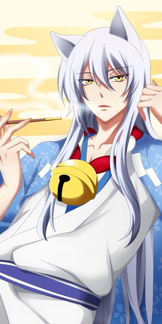 animal_ears, bell, fox_ears, gugure!_kokkuri-san, japanese_clothes, katze_(776642), kimono, kitsune, kokkuri-san_(gugukoku), long_hair, male_focus, open_mouth, pipe, silver_hair, very_long_hair, yellow_eyes