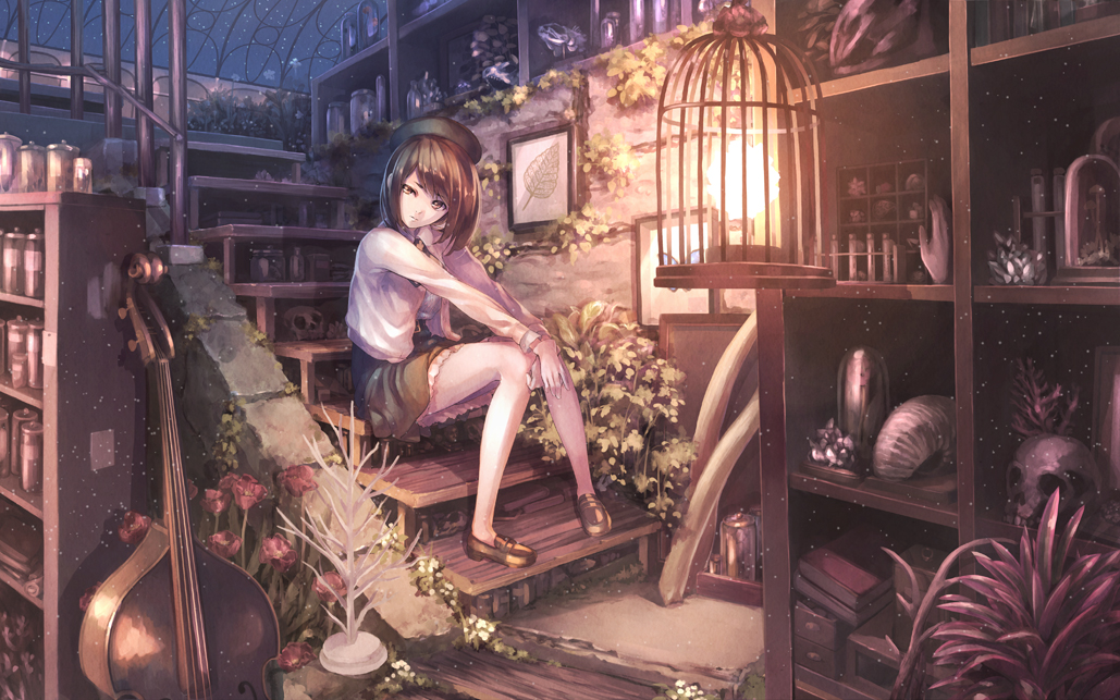 1girl, anatomical_model, antlers, beret, birdcage, bone, book, brown_eyes, brown_hair, cage, cello, flower, fossil, hands_on_knees, hat, hyp, instrument, jar, long_sleeves, looking_at_viewer, original, picture_frame, plant, shoes, short_hair, sitting_on_stairs, skirt, skull, solo, stairs, test_tube, tusks, vial, vines
