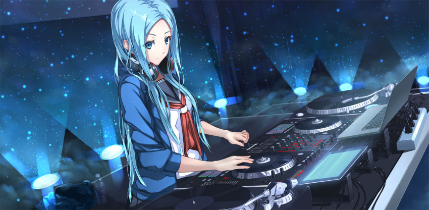 1girl, ascot, bag, blue_eyes, blue_hair, bottle, cable, computer