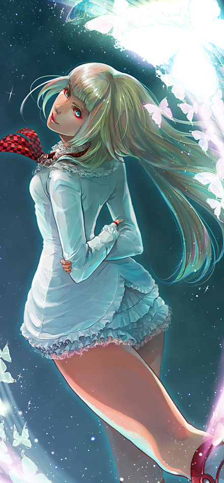 arms_behind_back, ass, blonde_hair, blue_eyes, butterfly, dress, emilie_de_rochefort, eyeshadow