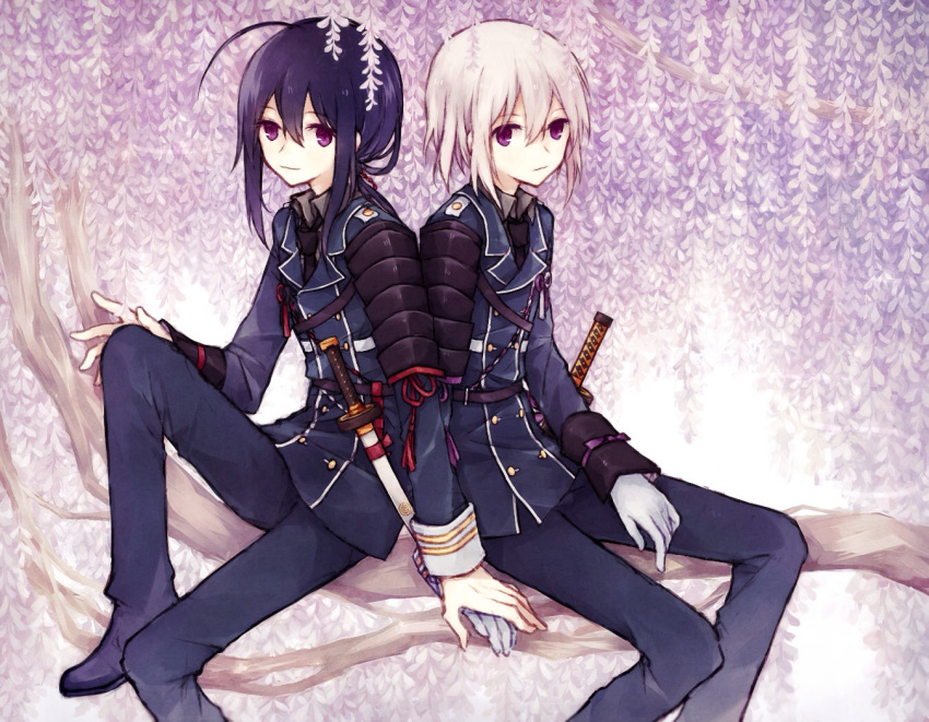 2boys, ahoge, androgynous, back-to-back, black_hair, double-breasted, flower, gloves
