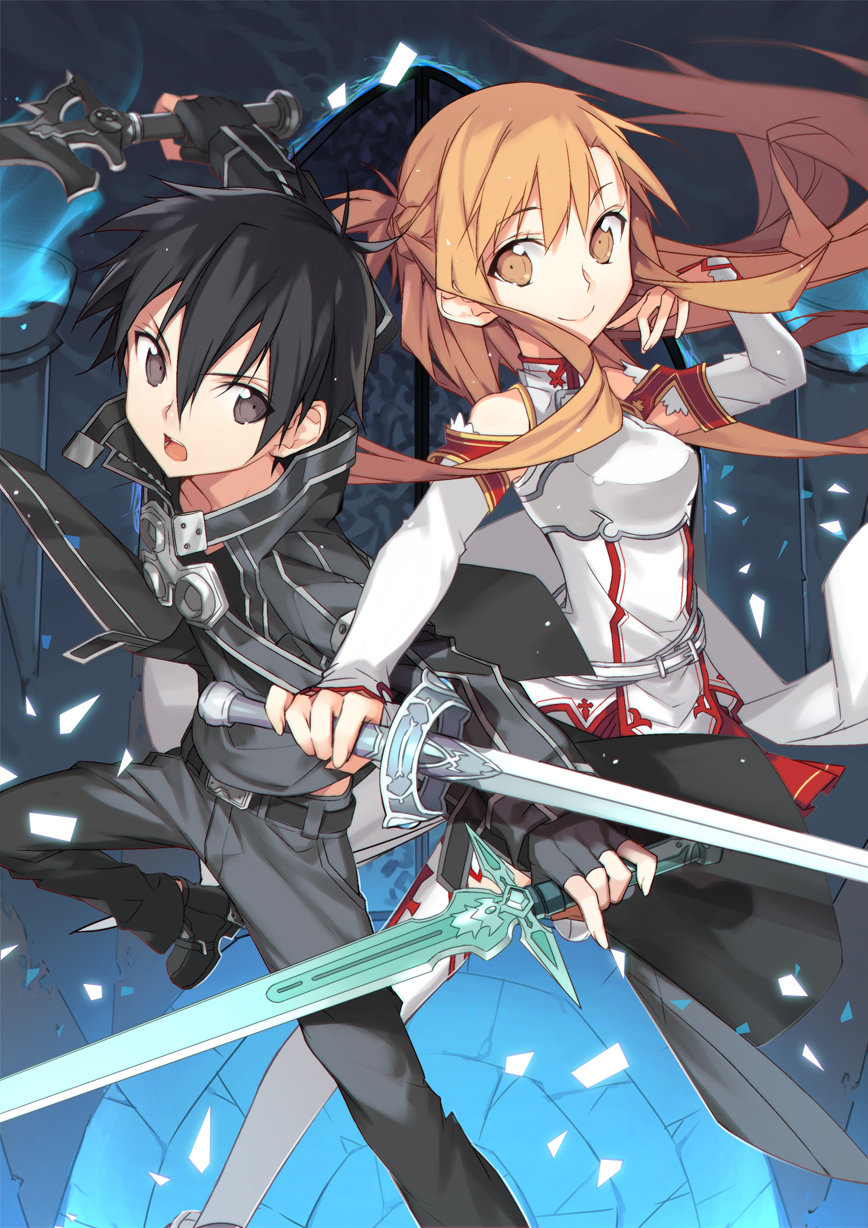 1boy, 1girl, asuna_(sao), black_eyes, black_hair, breastplate, brown_eyes, brown_hair, coat, ecoliff, female, fingerless_gloves, gloves, highres, kirito, long_hair, male, short_hair, sword, sword_art_online, thigh-highs, weapon