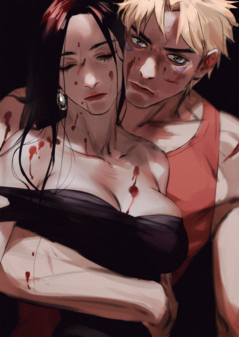 1girl, black_hair, blonde_hair, blood, breasts, caesar_anthonio_zeppeli, cleavage, emg_(christain)