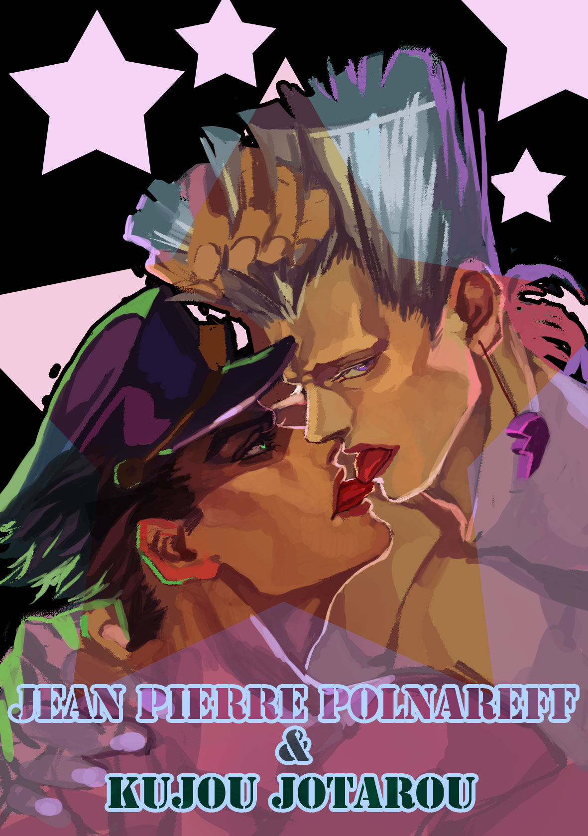 2boys, csc, french_kiss, grey_hair, hat, highres, jean_pierre_polnareff, jojo_no_kimyou_na_bouken, kiss, kuujou_joutarou, multiple_boys, tongue, tongue_out, yaoi