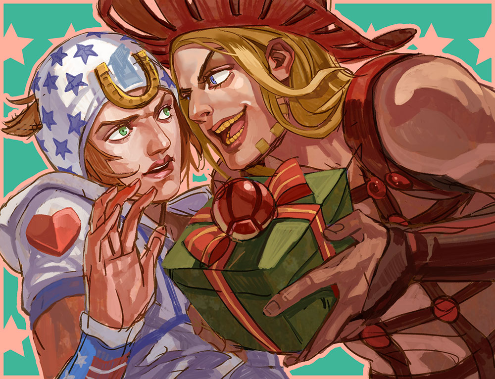 2boys, ball, blonde_hair, csc, gift, gyro_zeppeli, hat, johnny_joestar