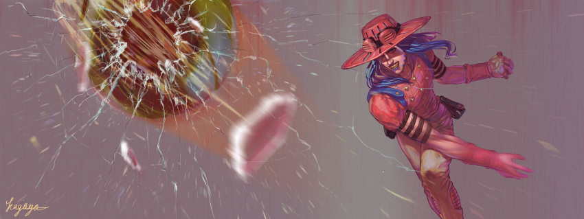 1boy, absurdres, ball, blue_hair, broken_glass, glass, gyro_zeppeli, hat