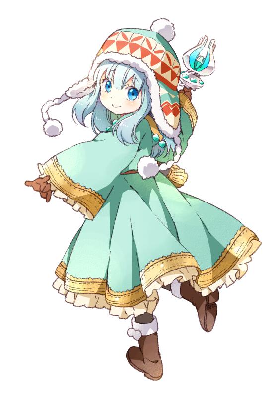 1girl, blue_eyes, blue_hair, boots, dress, gloves, looking_back, namori, rune_master_(sekaiju), sekaiju_no_meikyuu, sekaiju_no_meikyuu_4, simple_background, smile, solo, toque, white_background
