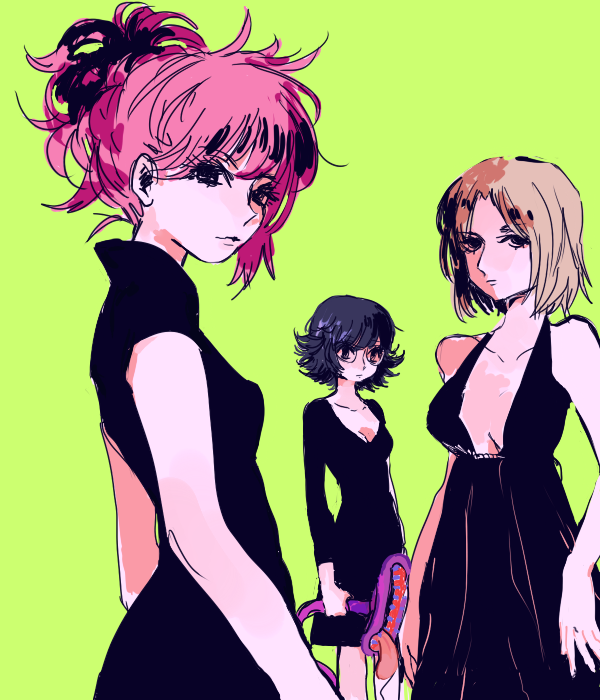 3girls, black_hair, blonde_hair, hunter_x_hunter, machi_(hunter_x_hunter), multiple_girls, pakunoda, pau, pink_hair, shizuku_(hunter_x_hunter), short_hair, tied_hair