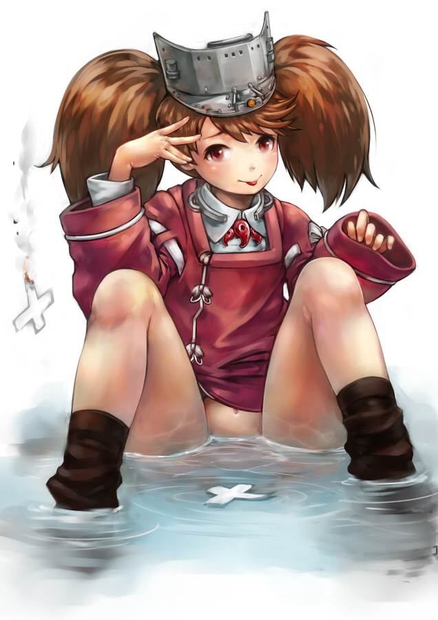 1girl, :p, brown_eyes, brown_hair, ha_to_mi, kantai_collection, magatama, navel