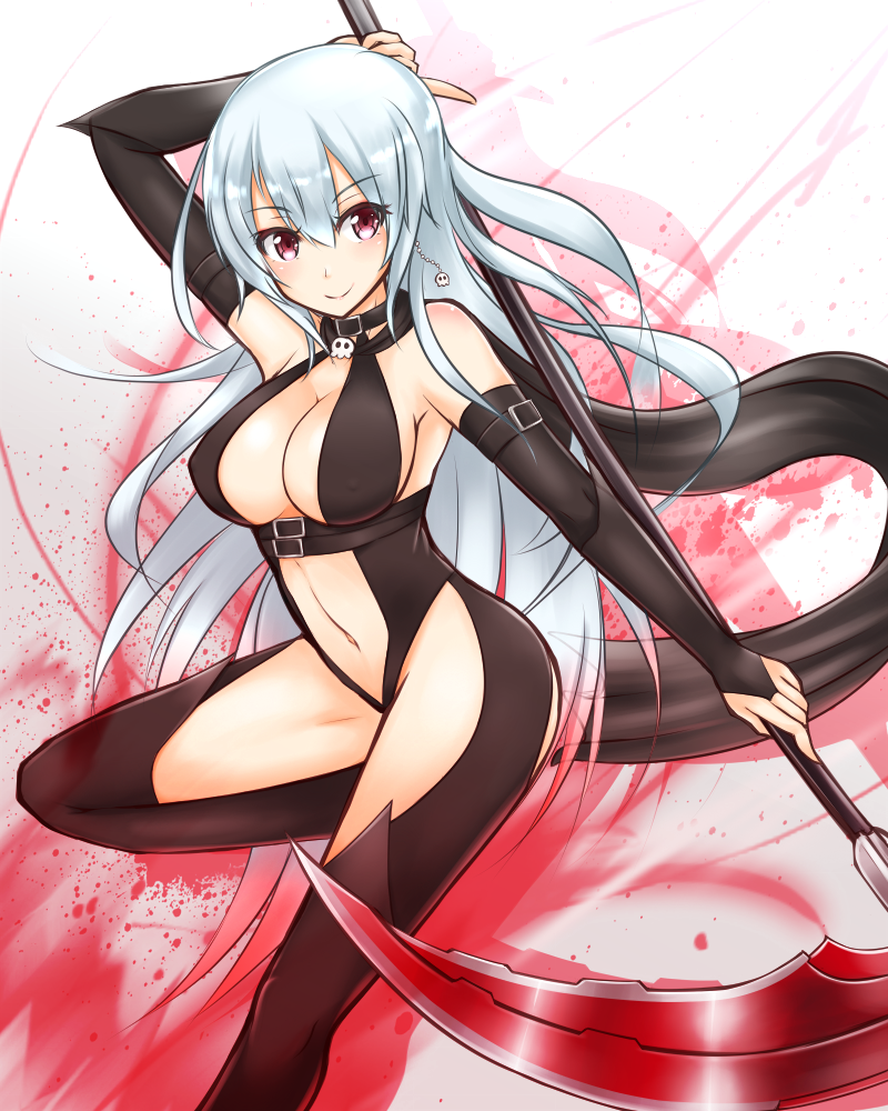 1girl, belt, blush, breasts, bridal_gauntlets, cleavage, cowboy_shot, elbow_gloves