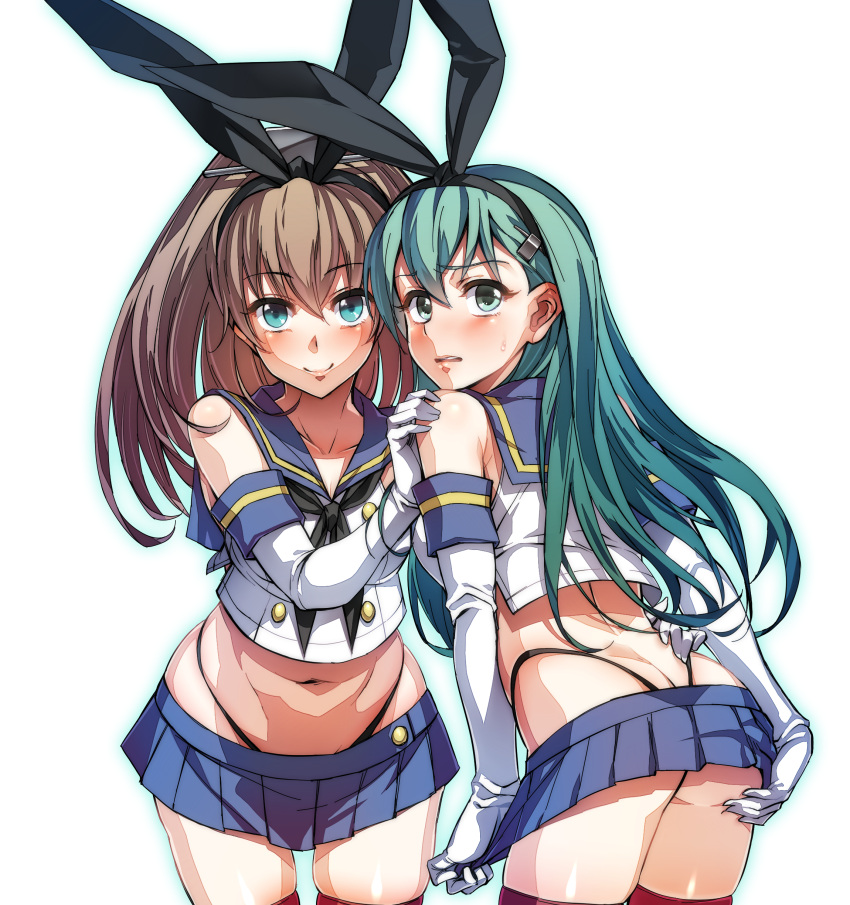2girls, absurdres, aqua_eyes, bikini, brown_hair, elbow_gloves, gloves, green_eyes, green_hair, hair_ornament, hair_ribbon, hairband, hairclip, highres, kantai_collection, kumano_(kantai_collection), looking_at_viewer, midriff, multiple_girls, navel, okita_baba, open_mouth, ribbon, shimakaze_(kantai_collection), shimakaze_(kantai_collection)_(cosplay), skirt, skirt_tug, smile, suzuya_(kantai_collection), sweatdrop, swimsuit, thigh-highs, thong_bikini