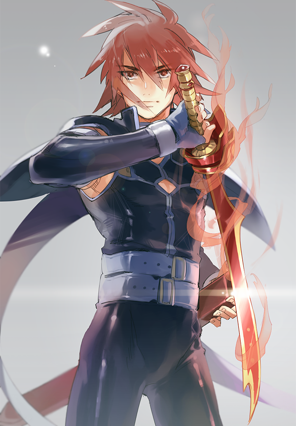 1boy, brown_hair, fingerless_gloves, fujiazuki, gloves, kratos_aurion, sword, tales_of_(series)