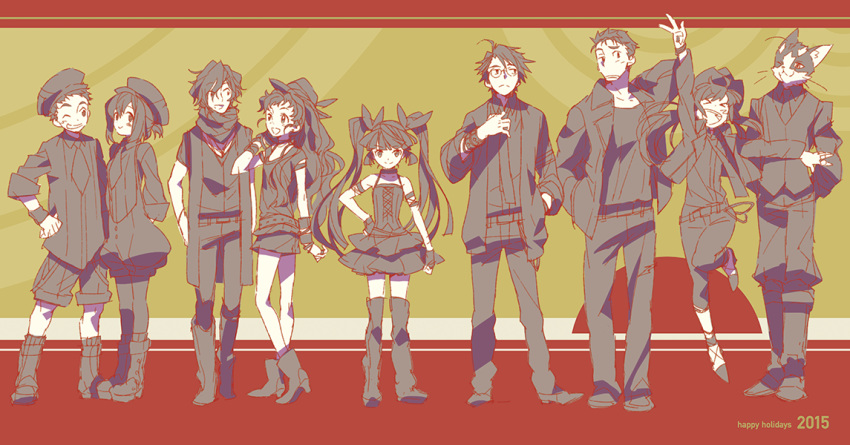 4girls, 5boys, akatsuki_(log_horizon), boots, cat, dress, glasses, hara_kazuhiro, hat, isuzu_(log_horizon), log_horizon, long_hair, lunderhaus_cord, minori_(log_horizon), monochrome, multiple_boys, multiple_girls, naotsugu_(log_horizon), necktie, nyanta_(log_horizon), shiroe, short_hair, tetra_(log_horizon), thigh-highs, thigh_boots, touya_(log_horizon), twintails, v, vest