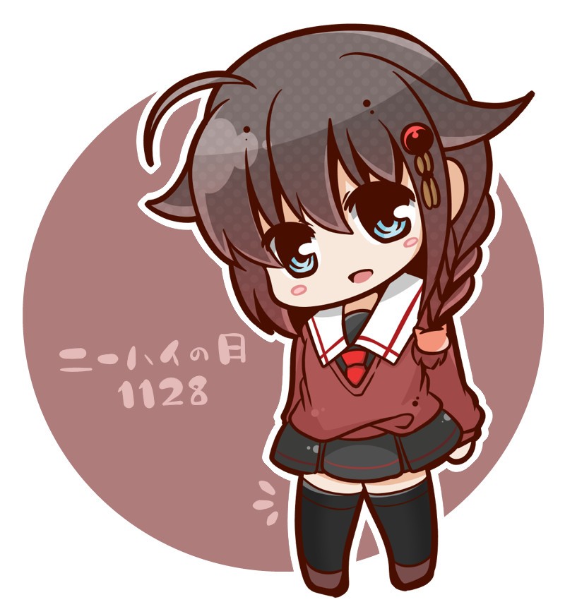 1girl, :d, ahoge, bloom2425, blue_eyes, braid, brown_hair, chibi
