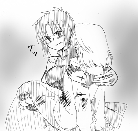 2girls, arcueid_brunestud, blood, carrying, ciel, dress, gloves, injury