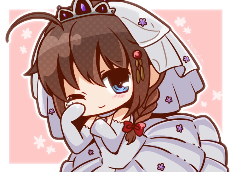 1girl, bloom2425, chibi, dress, kantai_collection, shigure_(kantai_collection), solo, wedding_dress