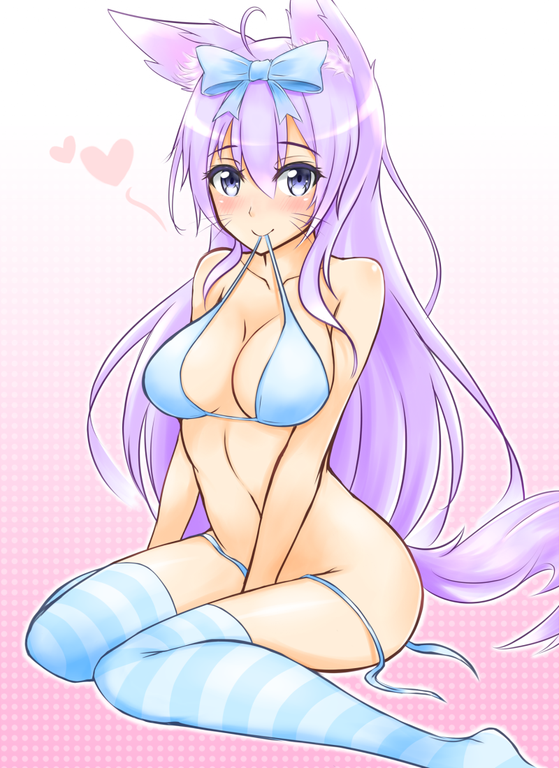 1girl, ahoge, animal_ears, bikini, blue_bikini, blue_eyes, blush, bow, breasts, cat_ears, collarbone, geckolion, hair_bow, heart, large_breasts, lavender_hair, long_hair, looking_at_viewer, mouth_hold, original, sitting, smile, solo, striped, striped_legwear, swimsuit, tail, untied, untied_bikini, wariza, whiskers, wolf_ears, wolf_tail