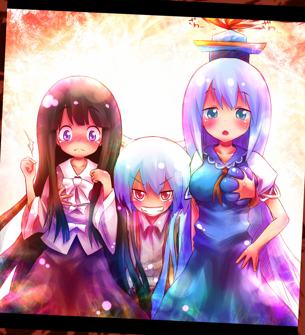 ayakashi_(monkeypanch), black_hair, blue_eyes, blue_hair, blush, breast_grab, breasts, flat_chest
