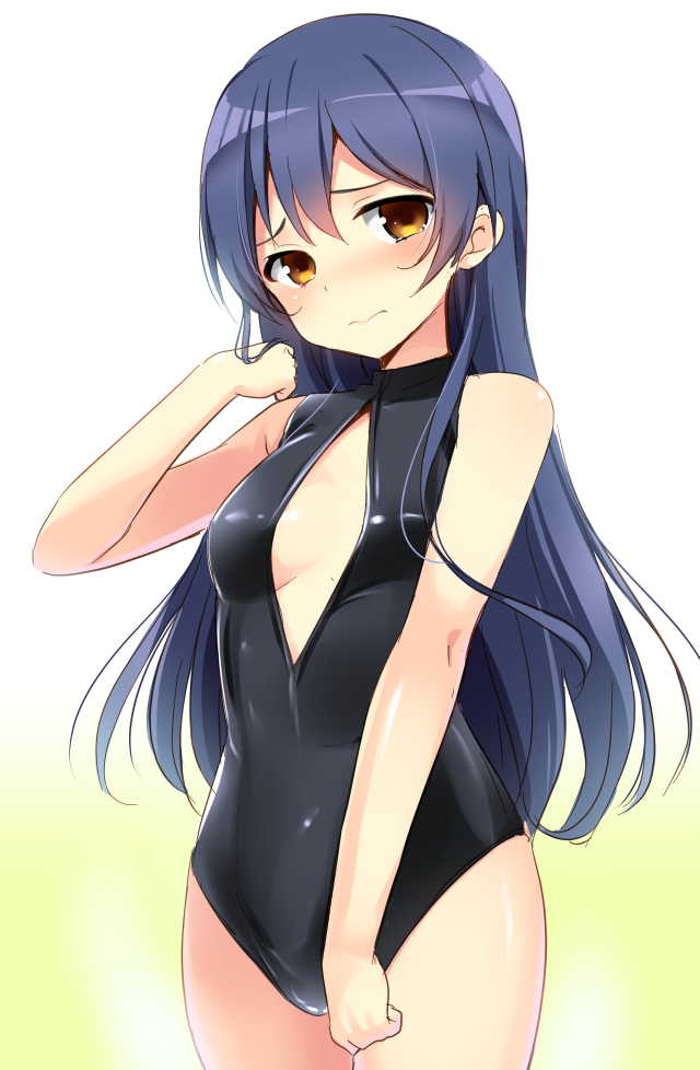 1girl, bare_arms, bare_legs, black_swimsuit, blue_hair, blush, embarrassed, front_zipper_swimsuit