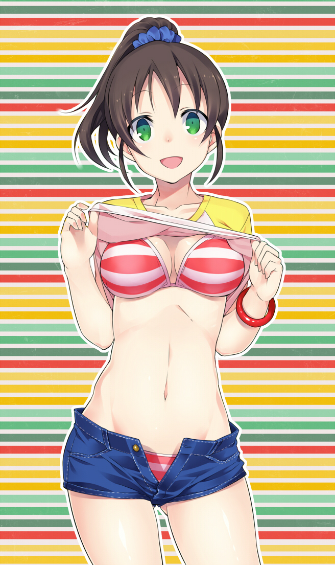 1girl, bra, bracelet, breasts, brown_hair, denim, denim_shorts, green_eyes