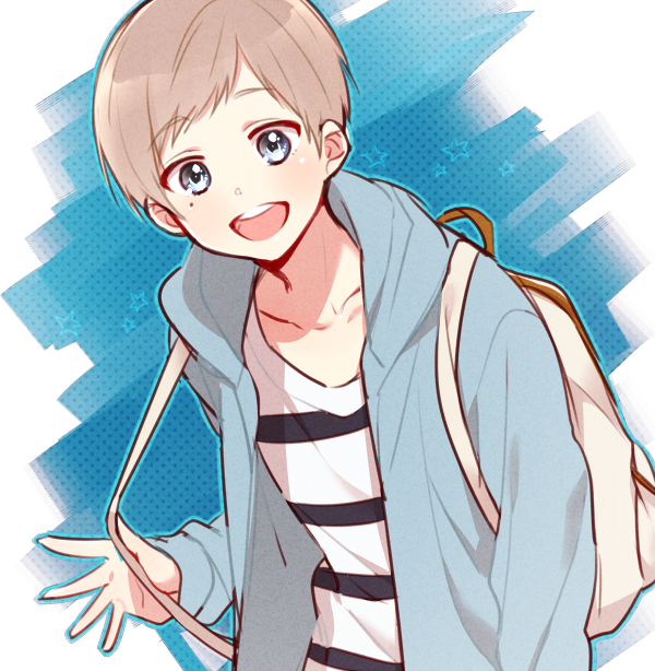 1boy, backpack, bag, blue_eyes, blush, grey_hair, hoodie, mole