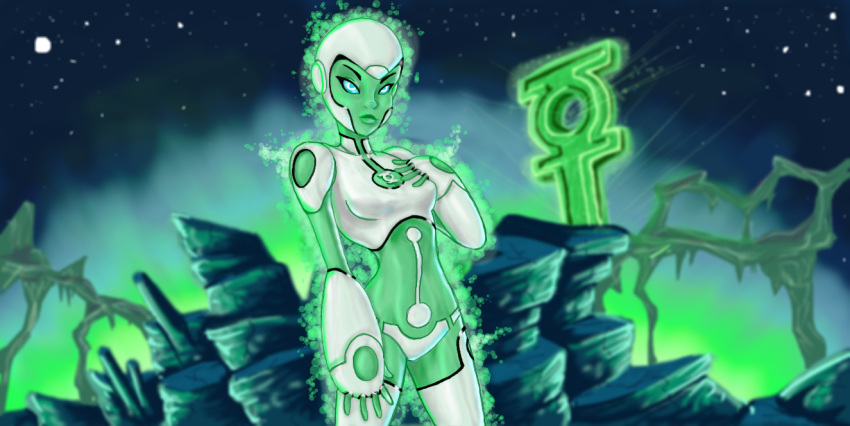 1girl, android, aura, aya_(green_lantern), blue_eyes, blue_sclera, dc_comics, glowing