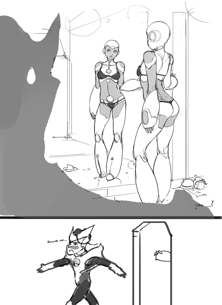 1girl, 2koma, android, ass, aya_(green_lantern), bra, comic, darren_geers