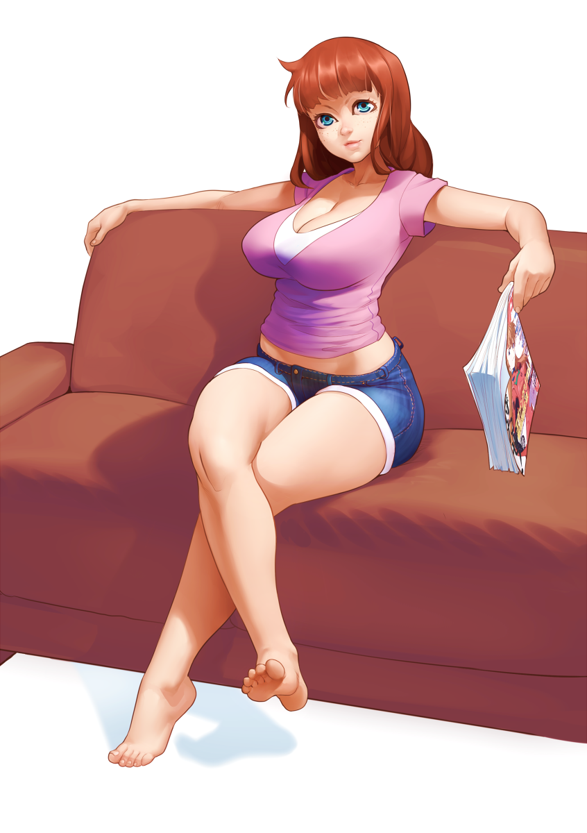 1girl, barefoot, blue_eyes, breasts, brown_hair, cleavage, couch, crossed_legs