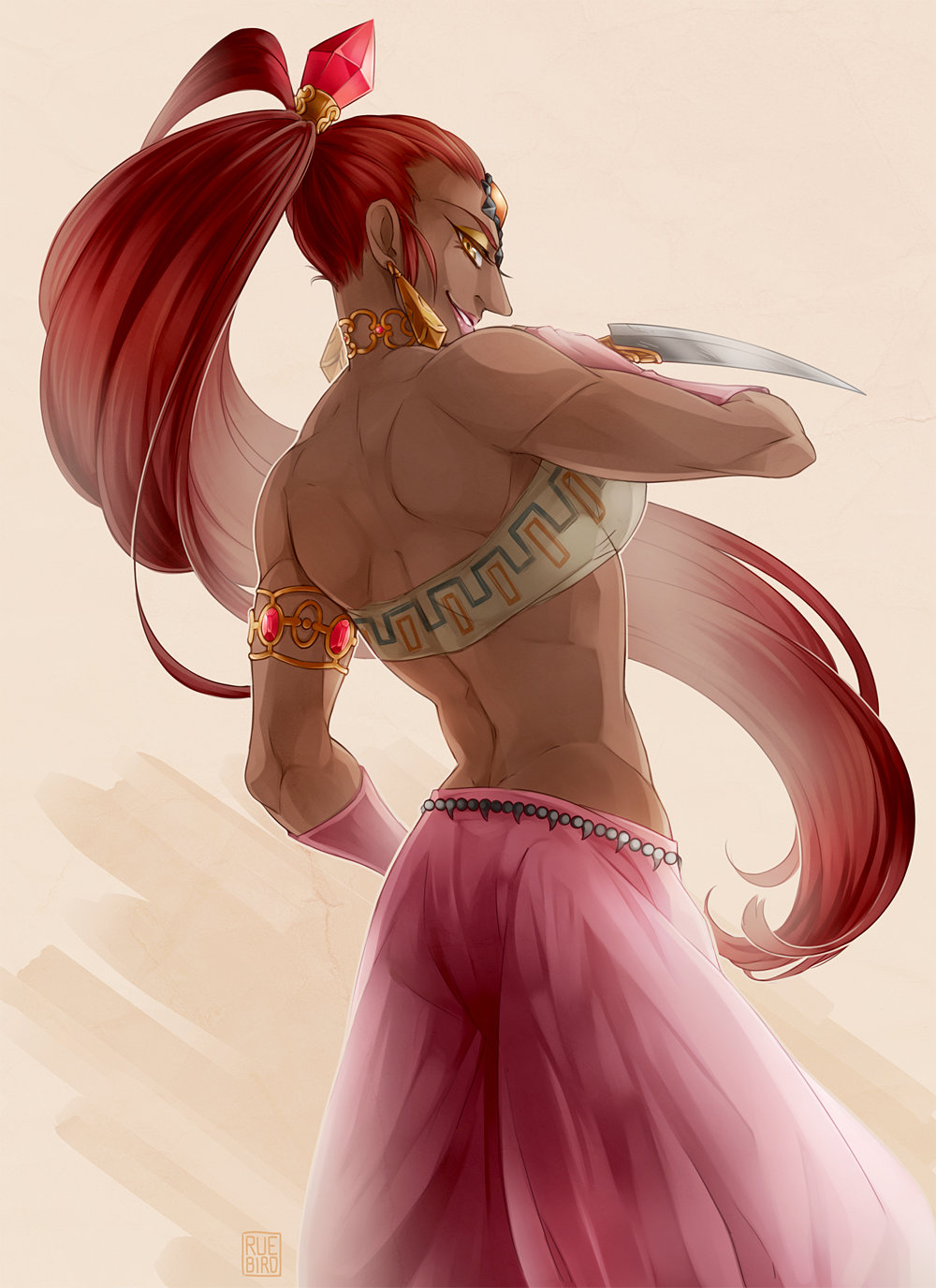 1girl, back, bare_shoulders, cowboy_shot, dagger, earrings, eyeshadow, forehead_jewel, from_behind, harem_pants, highres, jewelry, long_hair, long_nose, makeup, midriff, muscle, nabooru, ocarina_of_time, pants, pointy_ears, ponytail, redhead, reverse_grip, ruebird, solo, the_legend_of_zelda, tubetop, weapon, yellow_eyes