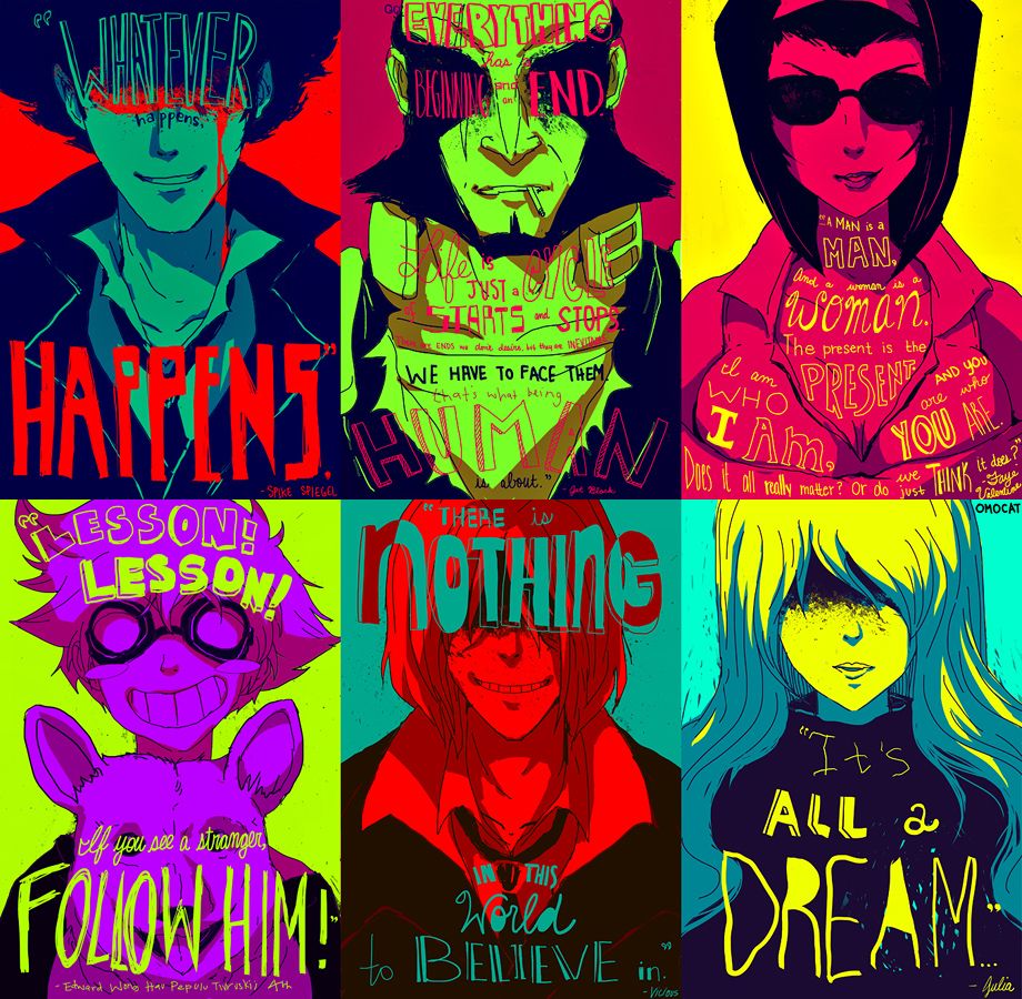 3boys, 3girls, cowboy_bebop, edward_wong_hau_pepelu_tivrusky_iv, english, faye_valentine, jet_black, julia_(cowboy_bebop), multiple_boys, multiple_girls, spike_spiegel, tagme, vicious_(cowboy_bebop)