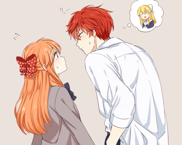 ..., 1boy, 2girls, :d, ?, alternate_hairstyle, apfl0515, blonde_hair, blush, bow, bowtie, closed_eyes, earrings, eye_contact, flying_sweatdrops, gekkan_shoujo_nozaki-kun, grey_background, hair_bow, jewelry, long_hair, looking_at_another, mamiko_(koi_shiyou!), mikoshiba_mikoto, multiple_girls, open_mouth, orange_hair, polka_dot, polka_dot_bow, redhead, sakura_chiyo, school_uniform, serafuku, shirt, short_hair, simple_background, smile, sweatdrop, thought_bubble, upper_body, white_bow, white_shirt