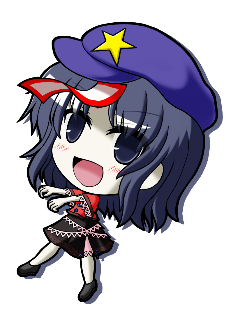 1girl, black_eyes, black_hair, blush, chibi, hat, jiangshi, miyako_yoshika, ofuda, outstretched_arms, solo, touhou, white_background, yani_tama, zombie_pose