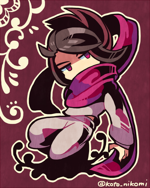 1boy, chibi, jojo_no_kimyou_na_bouken, kotorai, long_hair, red_eyes, scarf, solo