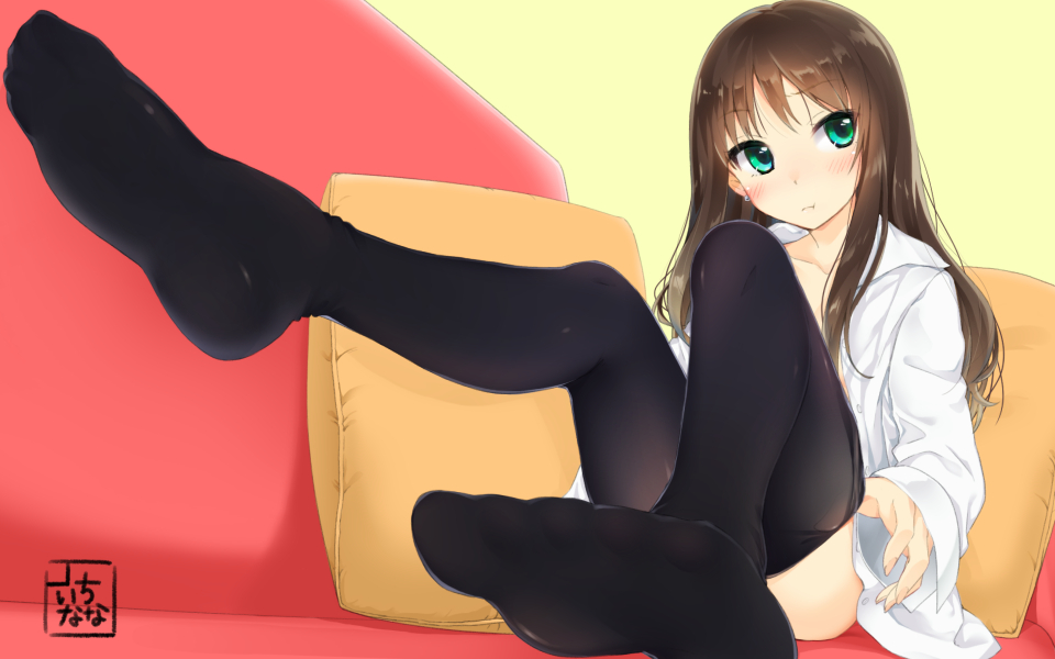 1girl, black_legwear, blush, brown_hair, earrings, feet, green_eyes, idolmaster, idolmaster_cinderella_girls, jewelry, long_hair, mokyutan, pantyhose, puffed_cheeks, shibuya_rin, shirt, sitting, solo
