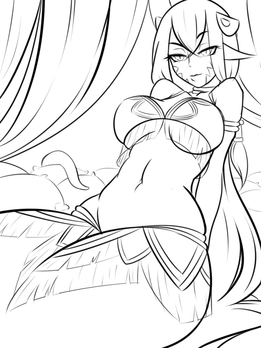 1girl, breasts, hair_ornament, hairclip, highres, lamia, large_breasts, lineart, loen-lapae, long_hair, miia's_mother, monochrome, monster_girl, monster_musume_no_iru_nichijou, navel, pointy_ears, scales, slit_pupils, solo, very_long_hair