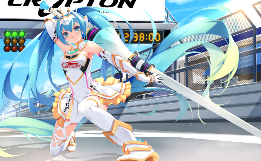 1girl, aqua_eyes, aqua_hair, boots, collar, elbow_gloves, ello, floating_hair