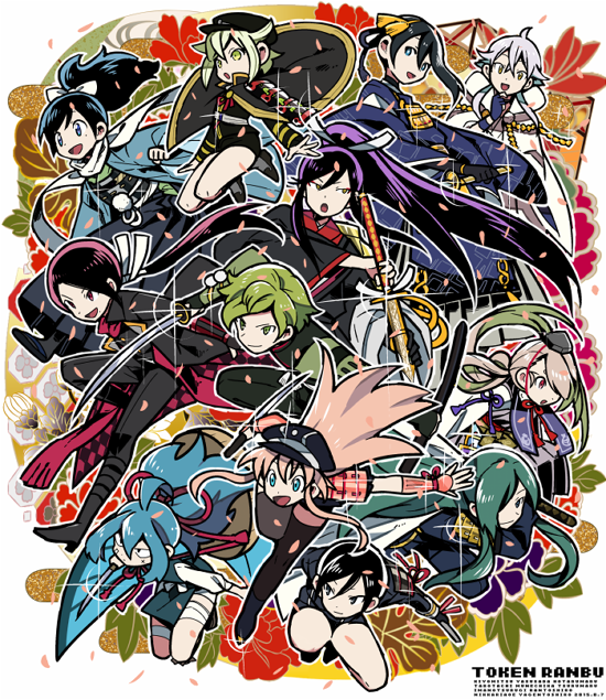 6+boys, androgynous, black_legwear, blue_eyes, blue_hair, cape, cherry_blossoms, chin_strap