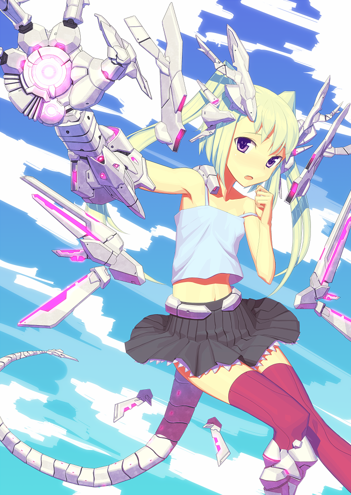 camisole, cloud, clouds, cyborg, flat_chest, fondolger, green_hair, horns, long_hair, mecha_musume, midair, midriff, monster_girl, original, purple_eyes, risarisa_(pixiv), robot_ears, skirt, sky, tail, thigh-highs, thighhighs, twintails, violet_eyes, zettai_ryouiki