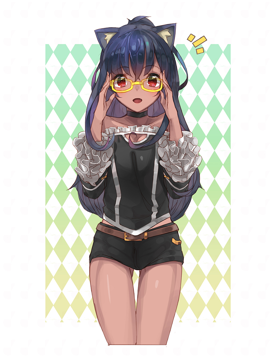/\/\/\, 1girl, adjusting_glasses, animal_ears, argyle, argyle_background, belt, black_hair, cat_ears, character_request, choker, collarbone, cropped_legs, dark_skin, dungeon_and_fighter, fang, frilled_shirt, glasses, gradient, gradient_background, highres, long_hair, looking_at_viewer, nellen, open_mouth, red_eyes, shirt, short_shorts, shorts, solo, thigh_gap, yellow-framed_glasses