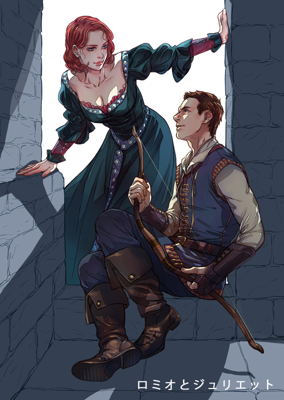 1girl, avengers, black_widow, bow_(weapon), breasts, brown_hair, cleavage, dress, hawkeye_(marvel), marvel, medieval, natasha_romanoff, pukun, redhead, short_hair, weapon, window