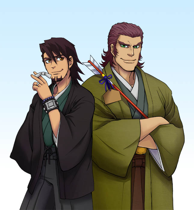 2boys, antonio_lopez, arrow, beard, brown_eyes, brown_hair, facial_hair, green_eyes