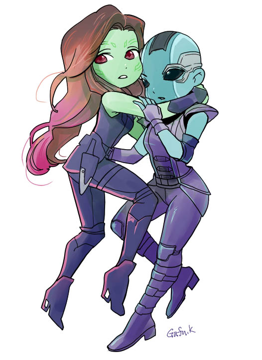 2girls, bald, blue_skin, brown_hair, gamora, green_skin, guardians_of_the_galaxy, kandagawa