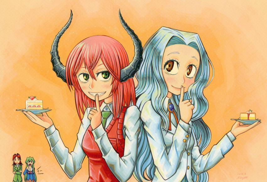 4girls, angel, brown_eyes, cake, demon_girl, demon_horns, fangs, finger_to_mouth