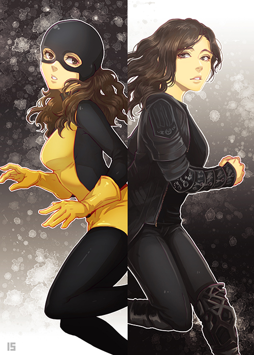 2girls, brown_hair, casual, dual_persona, iduhara_jugo, jacket, kitty_pryde, long_hair