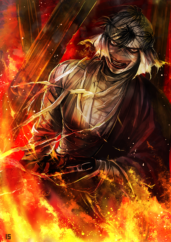 1boy, bandages, fire, iduhara_jugo, japanese_clothes, rurouni_kenshin, shishio_makoto, solo